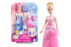 Mattel Disney Princess Toys, Cinderella Fashion Doll with 2 Looks, 9 Accessories, 2 Snap-On Bodices & 2 Skirts, 2-in-1 Stories Inspired by Disney Movie