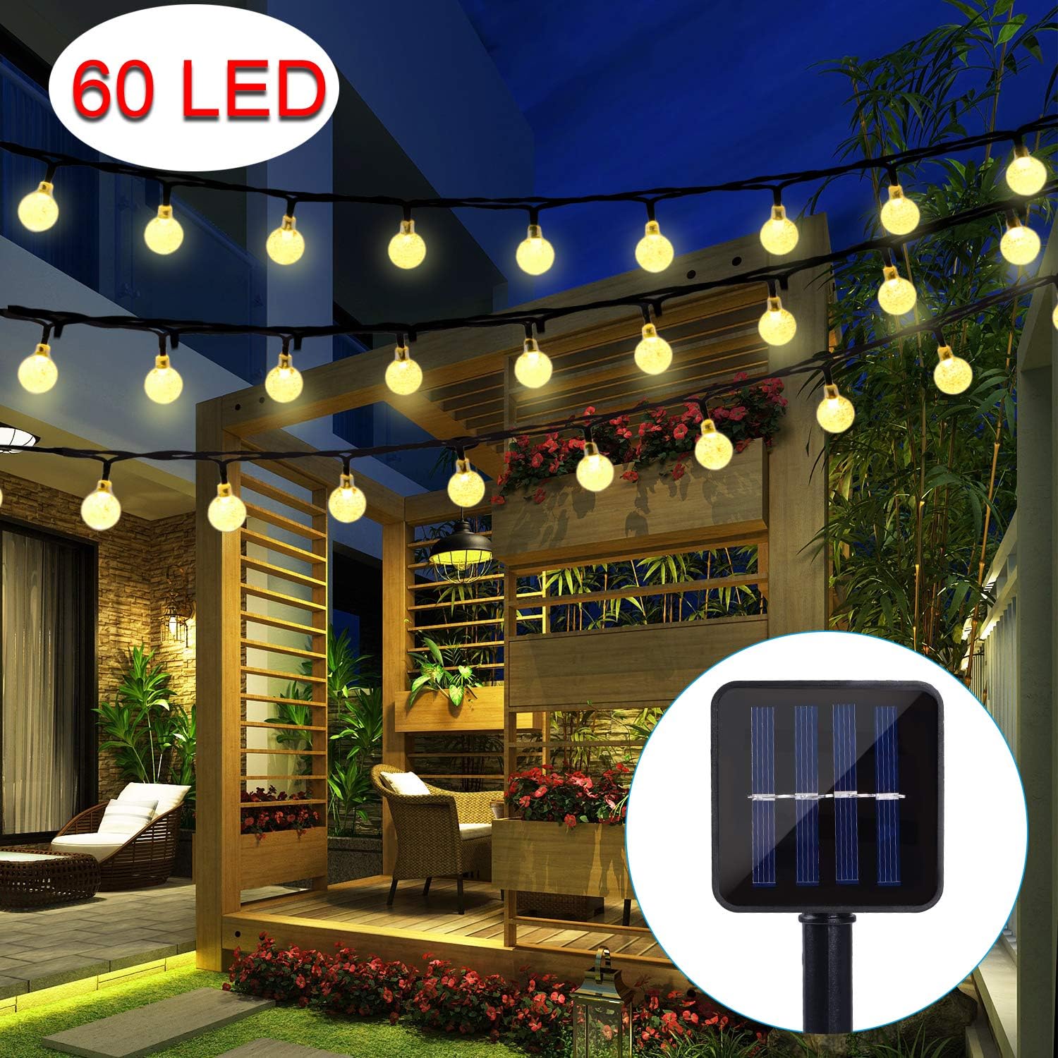 BAOANT 60 LED 8 Modes Solar String Lights Outdoor Waterproof Solar-Powered Crystal Ball Decorative Lights for Garden, Patio, Yard, Home, Chrismas Tree, Parties, 36Ft,Warm White [Energy Class A+++]