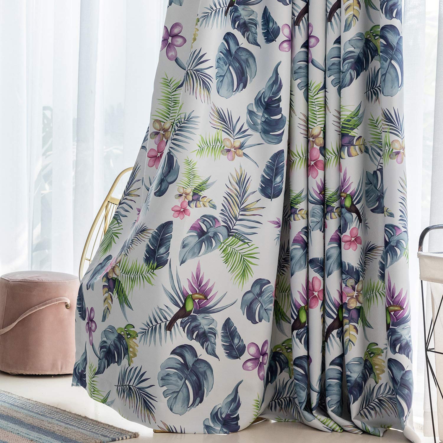 VOGOL Room Darkening Window Curtains 84 Inches Long, Colorful Tropical Plants Printed Blackout Thermal Insulated Grommet Curtain, 2 Panels