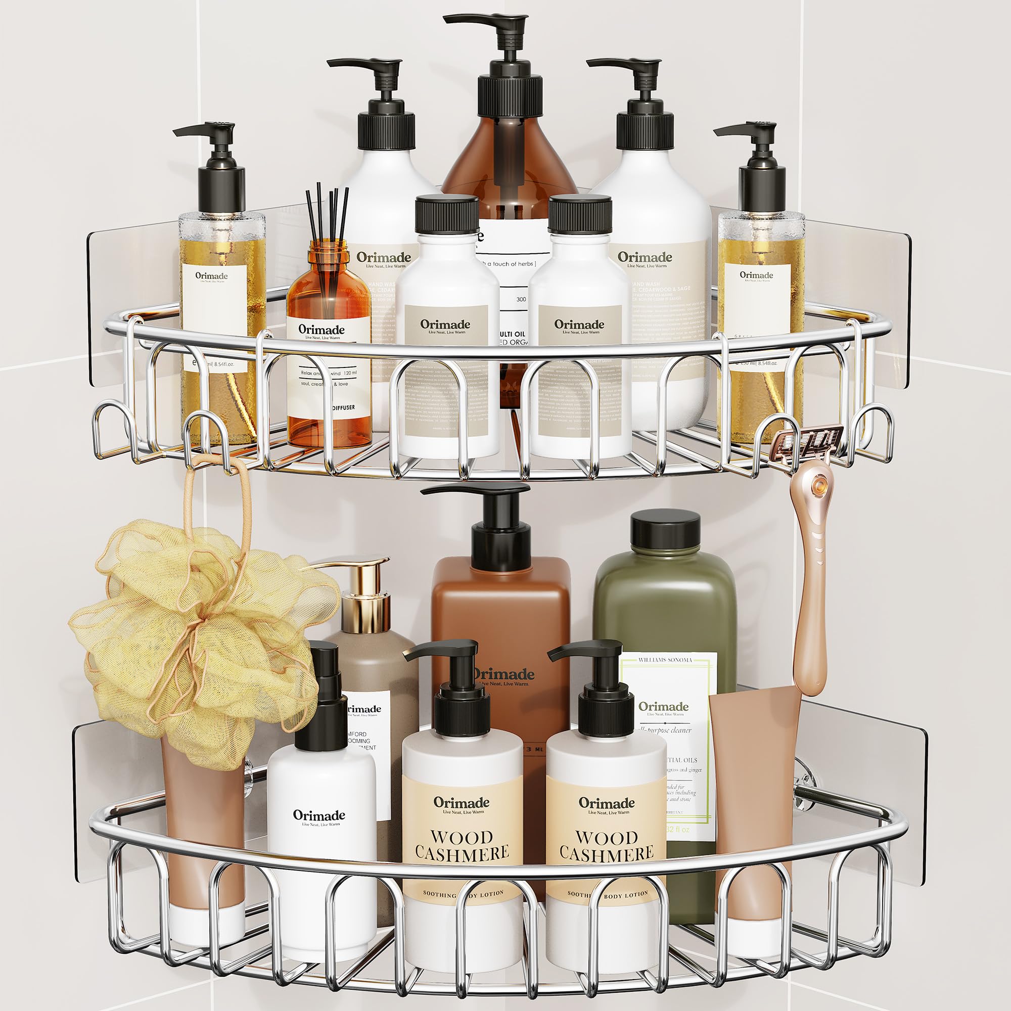Orimade Adhesive Corner Shower Caddy Shelf with 2 Movable Hooks,Shower Caddy No Drilling Wall Mounted Bathroom Accessories SUS304 Stainless Steel 2 Pack, Silver