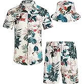 EISHOPEER Men's Flower Hawaiian Sets Casual Short Sleeve Shirt and Shorts Suits Outfits with Bucket Hats