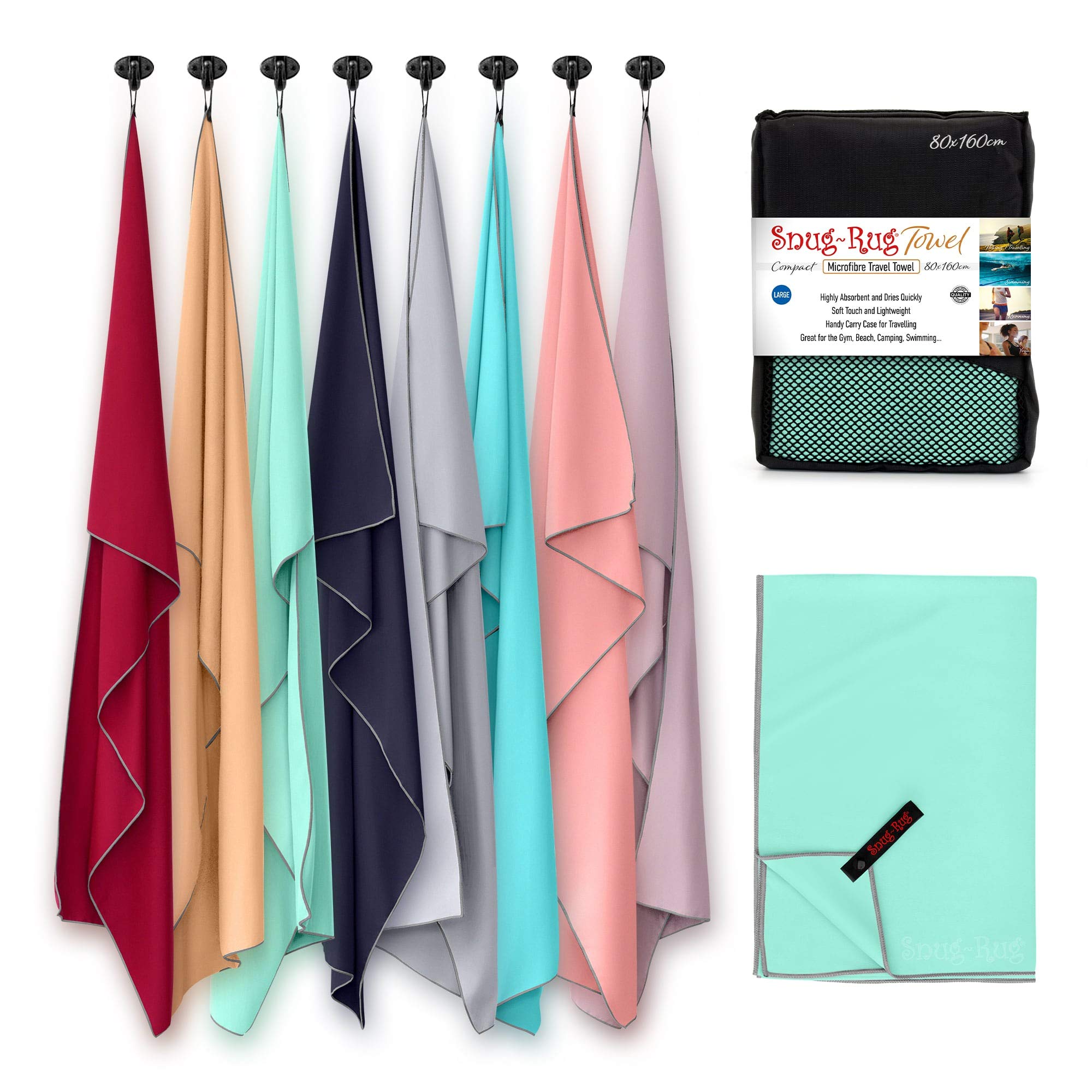 Snug Rug Microfibre Beach Towel Large 80 x 160cm – Super Absorbent Quick Drying Lightweight Sand Proof Beach Towels Beech Glass Turquoise