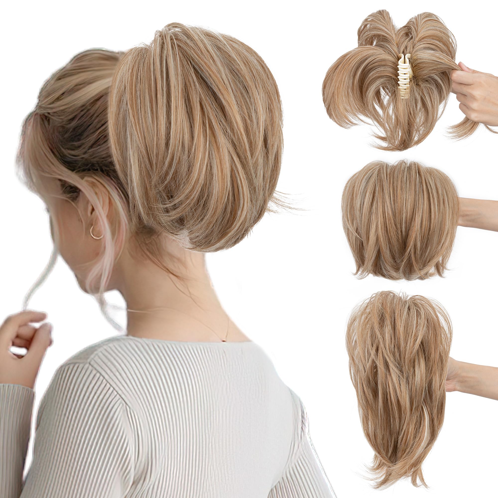 SEGO Claw Clip Ponytail Hair Extensions Bendable Metals Messy Bun Hair piece Straight Hairpieces Claw on Ponytail, Sandy Brown to Bleach Blonde