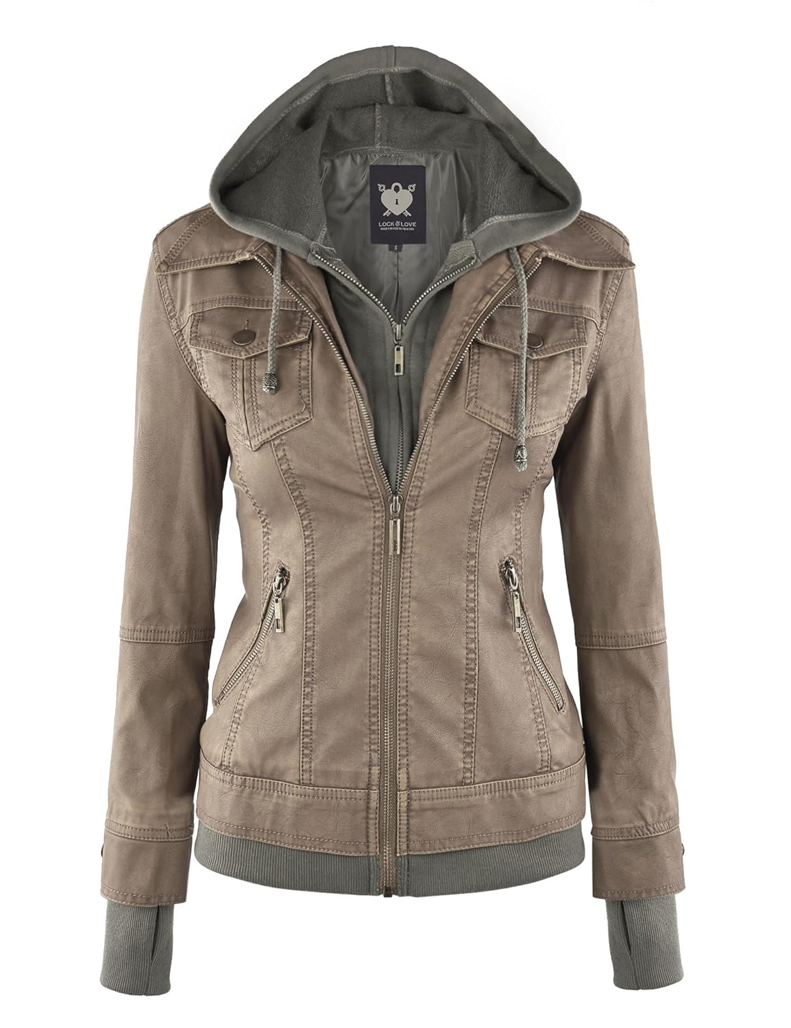 Lock and Love LL WJC664 Womens Faux Leather Jacket with Hoodie XS Khaki