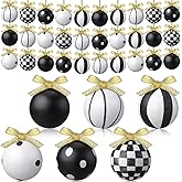 Meooeck 36 Pack Black and White Christmas Ornaments with Bow Hanging 2.36'' Dot Balls with String Checkered Black and White Decorations Glitter Ornaments for Christmas Tree Party Holiday