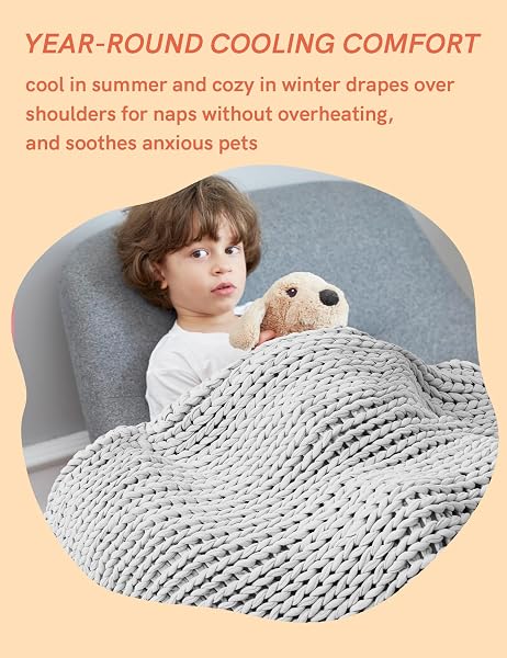 YNM COOLING WEIGHTED BLANKET, 100% COTTON HANDMADE CHUNKY KNITTED BLANKET, WEIGHTED LAP, BREATHABLE HEAVY BLANKETS, MACHINE WASHABLE THROW FOR SLEEP OR HOME DECOR (LIGHT GREY, 40X50 INCH, 7LBS)