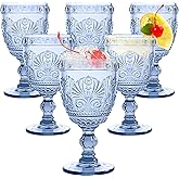 Singhoow 6 Pcs Goblet Glasses 10 oz Wine Glasses, Drinking Glasses Colored Retro Embossed Water Goblets For Wine Juice Baby Shower Wedding Reception Grand Event Party, Dishwasher Safe (Blue)