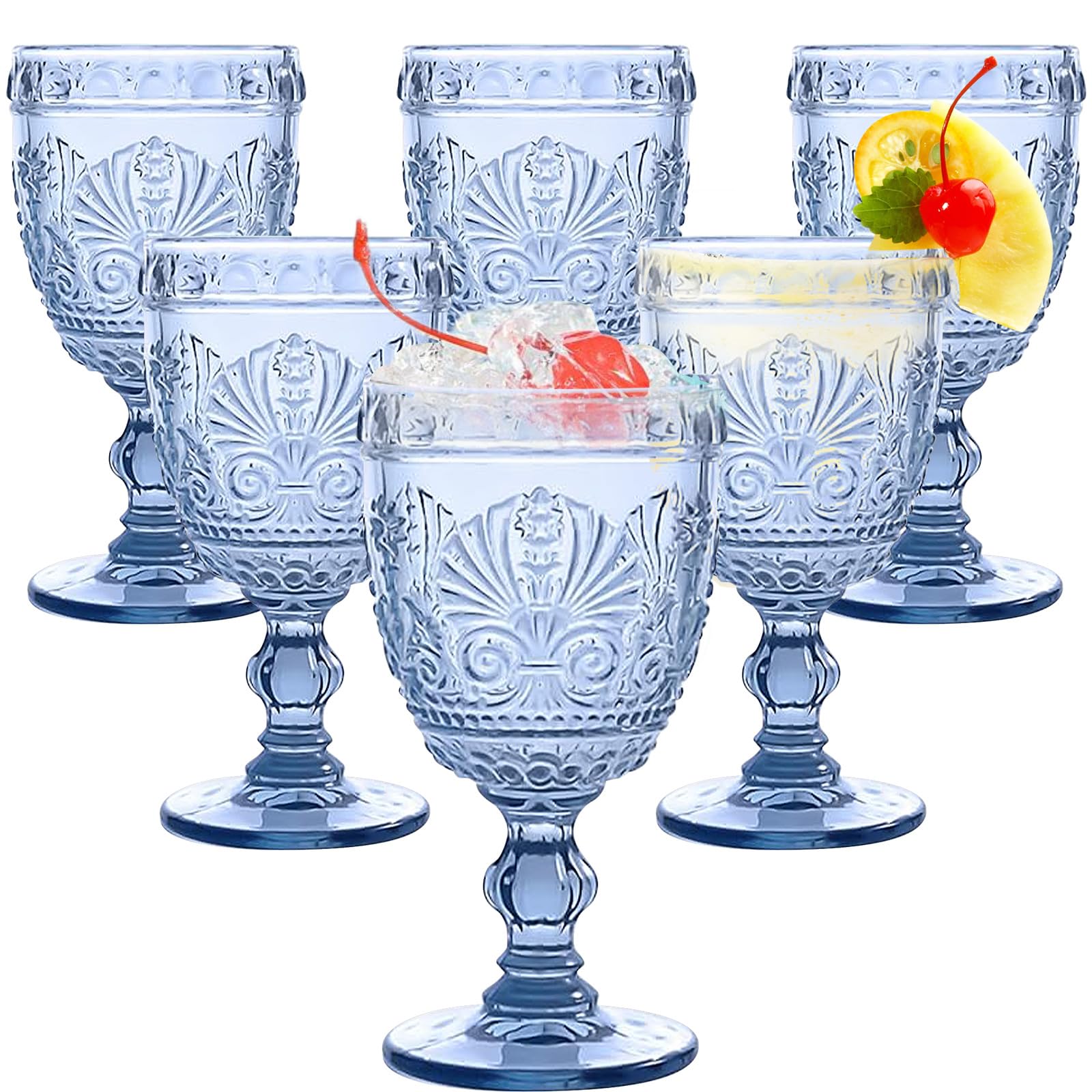 Photo 1 of Singhoow 6 Pcs Goblet Glasses 10 oz Wine Glasses, Drinking Glasses Colored Retro Embossed Water Goblets For Wine Juice Baby Shower Wedding Reception Grand Event Party, Dishwasher Safe (Blue)