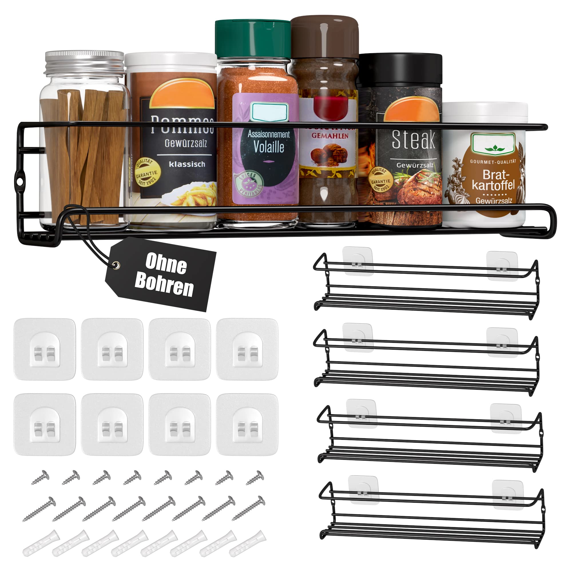 Deco haus Metal Spice Racks - Set of 4 - for Spices, Kitchen Shelf, Cupboard Insert, Organiser, Bathroom Shelf, Decoration - Perfect for our 24 Spice Jars - Black - 29 x 6.35 x 5 cm