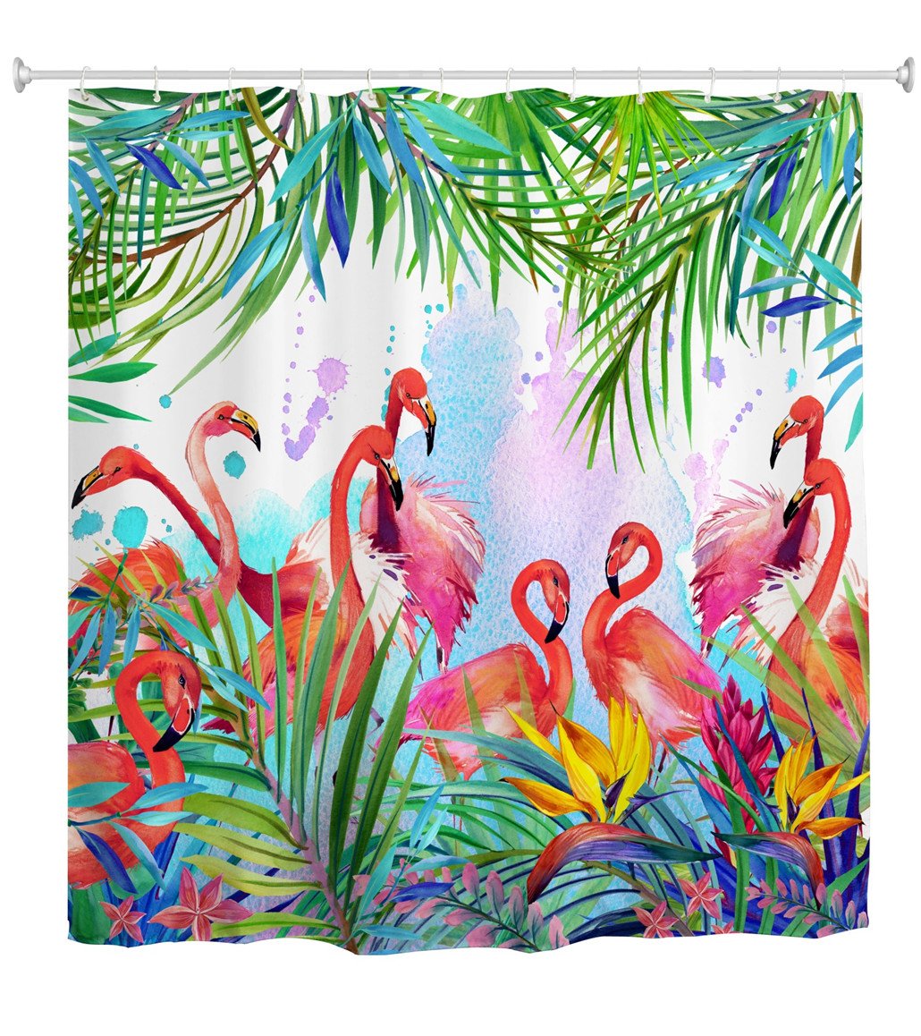 goodbath Flamingo Shower Curtain, Tropical Leaves and Flowers Waterproof Anti Mildew Fabric Bathroom Shower Curtains, 72W x 72H, Pink Green