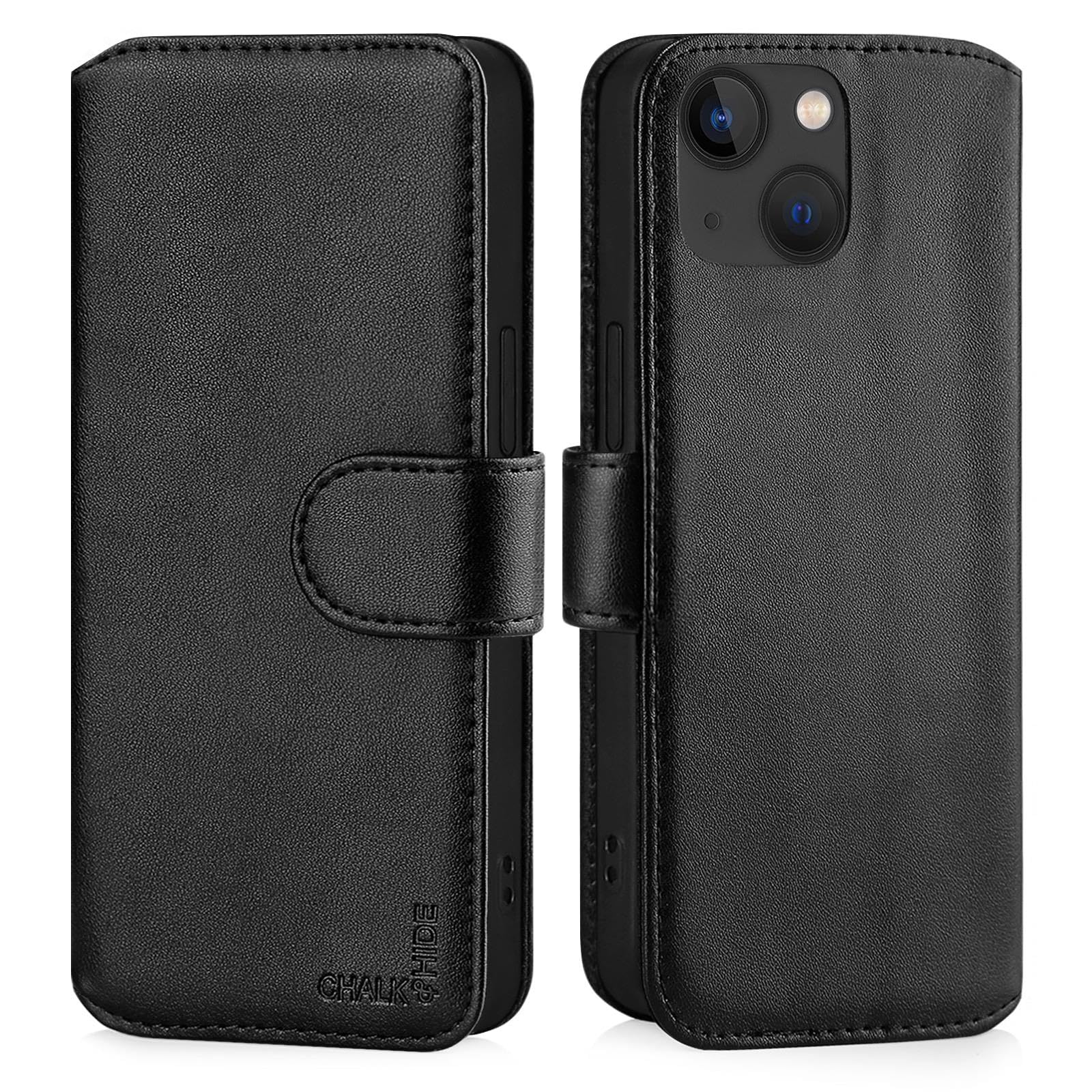 CHALK & HIDE Genuine Leather Wallet Case for iPhone 15 Plus (6.7") | RFID Blocking Card Slots, Magnetic Flip Cover, Kickstand | Premium Book-Style Protective Case - Black