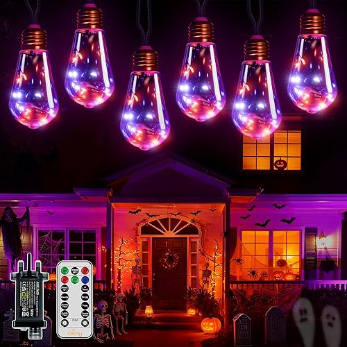Ollny Halloween Lights 6m Hemp Rope Festoon Light Mains Powered, Fairy String with 16 S17 Bulbs/160 LEDs/Remote/Plug/Modes/Timer, Purple and Orange Lighting for Indoor Outside Outdoor Garden Decs