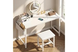KAI-ROAD White Vanity Table with Lighted Mirror - 47“ White Vanity Desk with Mirror and Lights & Chair, Makeup Vanitys Set with Power Outlet, Dressing Table Vanities for Girls Bedroom