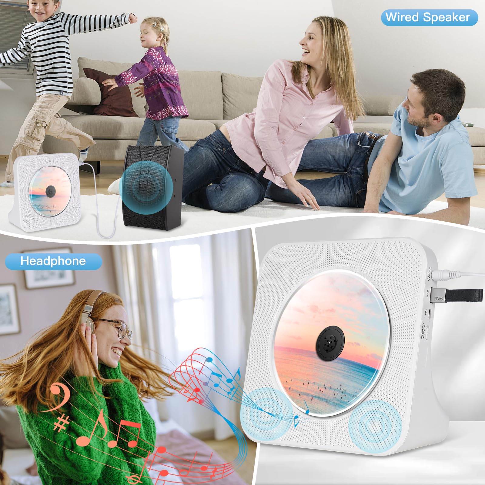 Portable CD Player with HiFi Speaker, Bluetooth CD Players for Home with Dust Cover,LED Screen Display,Remote Control,Desktop CD Player Support CD/FM Radio/Bluetooth/U-Disk/AUX/Repeat