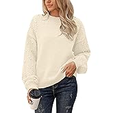 Blooming Jelly Women's Chunky Sweater Crewneck Sweatshirt Knit Lantern Sleeve Oversized Pullover Sweater with Pearls