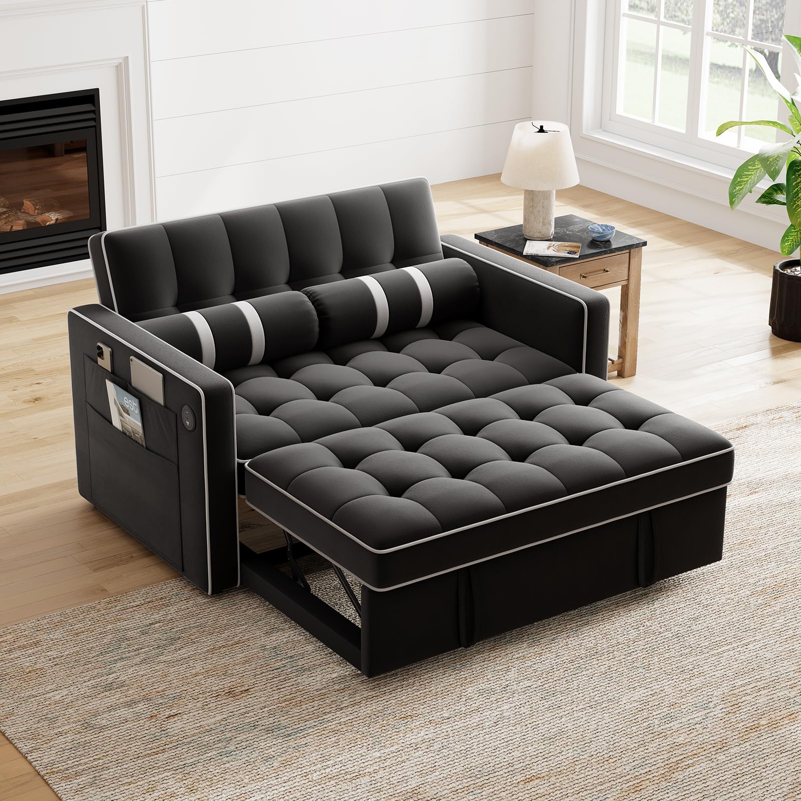 Photo 1 of *******BOX 1, BOX 2********** Marsail 3-in-1 Convertible Futon Sleeper Sofa Bed, Pull Out Couch with Adjustable Backrest, USB Charging & Side Pockets, Velvet Fabric Sofa for Living Room, Apartment, Loveseat, Black