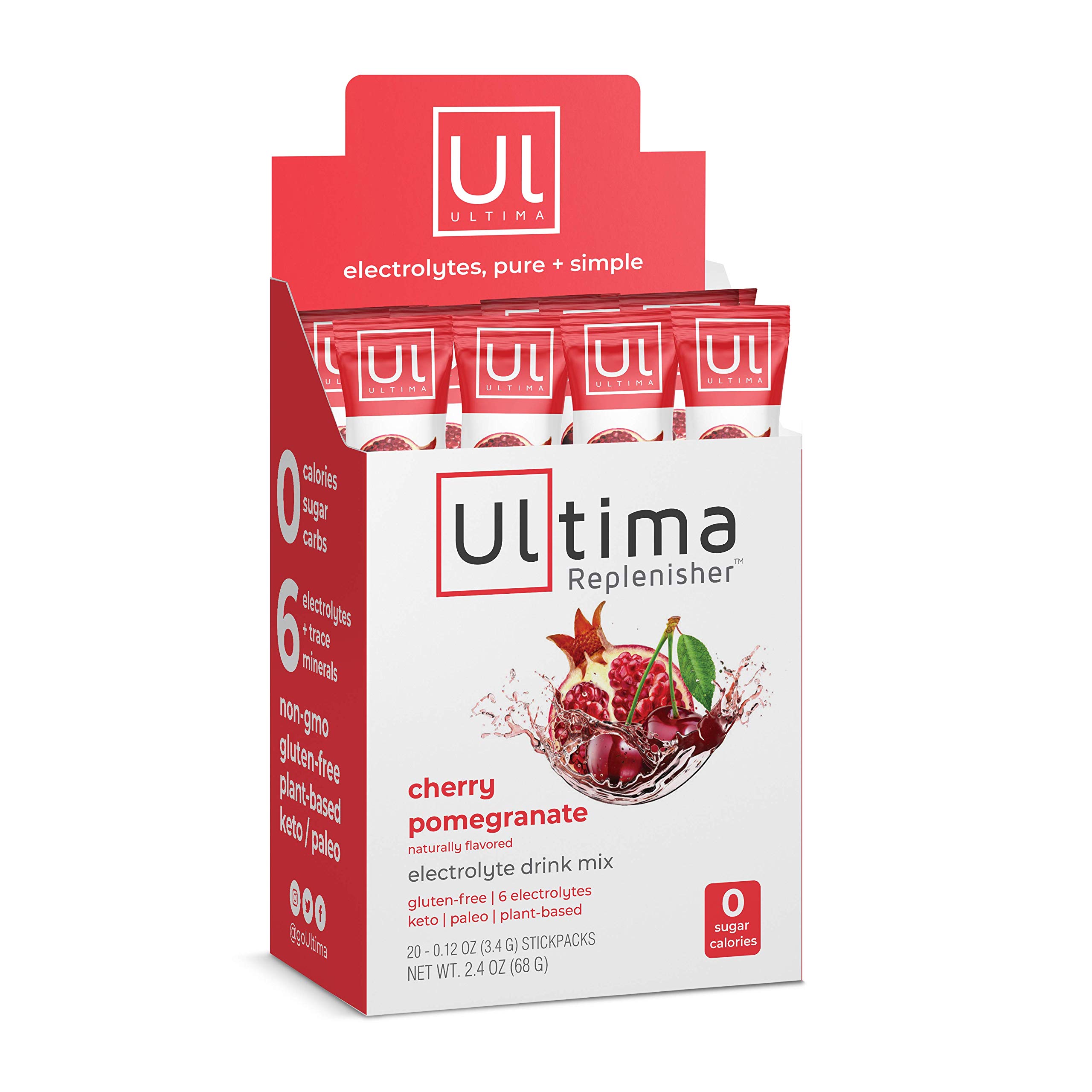 Ultima Replenisher Electrolyte Powder, Sugar‑Free Hydration Mix with Balanced Electrolytes and Essential Minerals to Support Energy, Endurance and Recovery – Cherry Pomegranate – 20 Packets