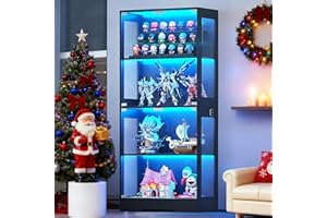 Ceruvia Tempered Glass Display Cabinet with 3CCT Motion Sensor Light, 4-Tier Curio Case for Collectibles, Storage Shelf with Glass Doors, Bookcase, Showcase, Black