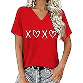 FlowFem Valentines Shirts for Women Valentines Day V-Neck T-Shirt Heart Tee Tops