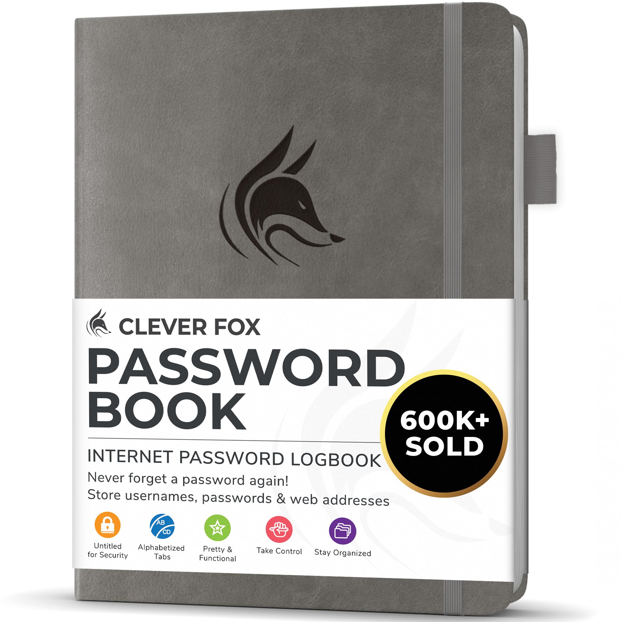Clever Fox Password Book with alphabetical tabs. Internet Address Organizer Logbook. Small Pocket Password Keeper for Website Logins (Grey)