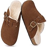 Womens Fur Lined Suede Clogs Mens Fuzzy Leather Mules Cork Footbed Slip On Winter Potato Shoes with Arch Support