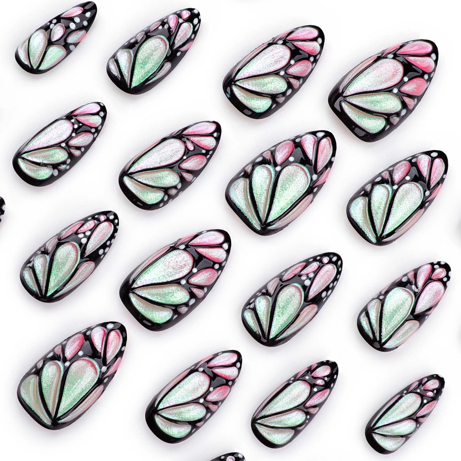 QQPPOLIU Medium Press on Nails Almond Shape with Butterfly Designs 3D Glue on Nails, 24pcs for Girl - Image 3