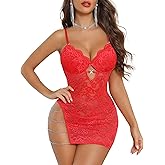 Aranmei Womens Babydoll Lingerie Sexy Lace V Neck Chemise Mini Teddy Sleep Dress with Thong Nightwear