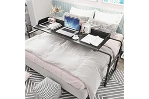 ASDJAKZP Overbed Table with Fence Design, Adjustable Width/Height Rolling Over Bed Table, Hospital Bed Table w/Wheels, Queen 