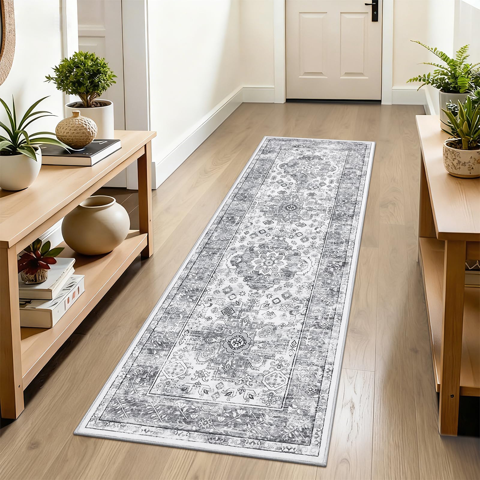 Enyhom Runner Rugs for Hallway 60 x 180cm Vintage Machine Washable Kitchen Runners Non Slip Carpet Runners for Hallway Kitchen Entryway Laundry Room, Grey