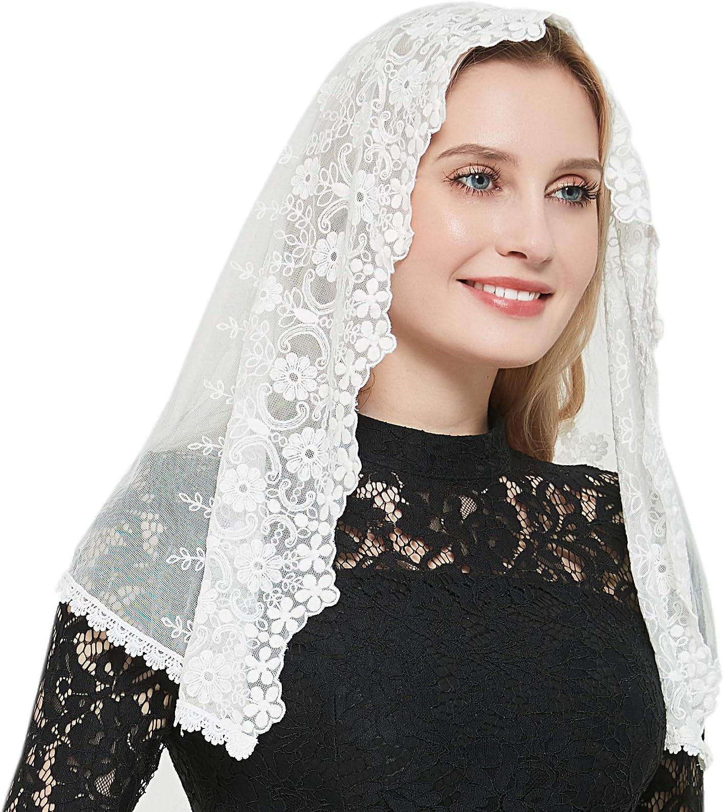 Rounded Back Chapel Lace Veil Floral Embroidered Catholic Mantilla