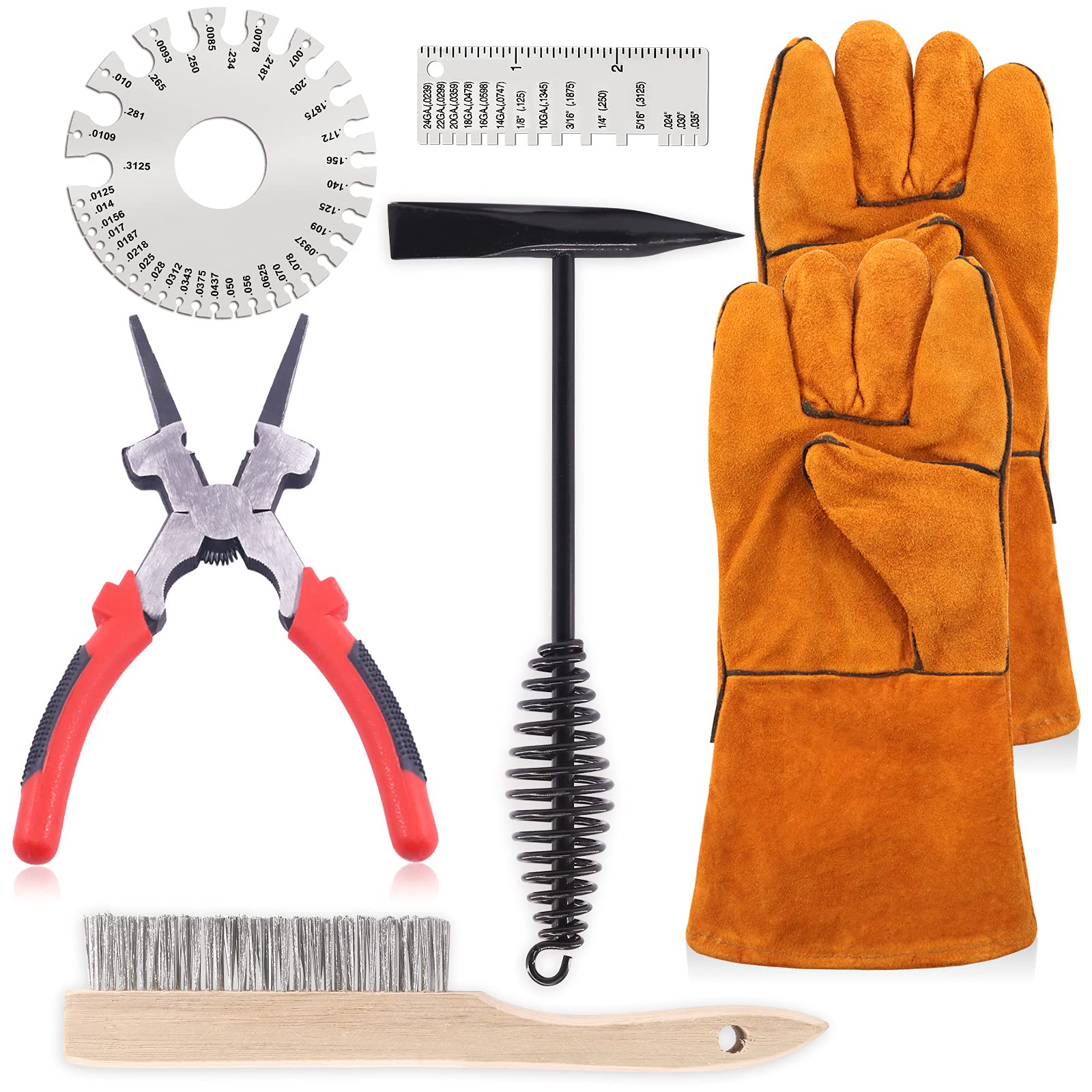Welding Slag Removal Tool Set Includes 10" Chipping Hammer, Multi-Functional Pliers, Welding Gloves, Wire Brush & 2 Metal Gauges, Welding Accessories for Welder