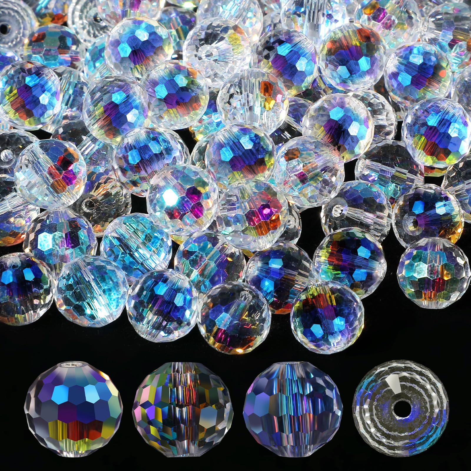 Briolette 100Pcs Crystal Glass Beads - AB Color 10mm Round Faceted Bulk Sparkling Rondelle Spacer Beads for Jewelry Making (Crystal Silver)