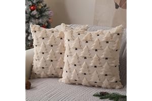 Allorry Christmas Pillow Covers 18x18 inch Set of 2 Xmas Decorations Soft Plush Faux Fur Wool Beige Christmas Tree Throw Pillow Cases Winter Holiday Decor for Sofa Living Room PT-002C18