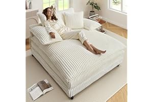 WESTSETLUX 54.8" W Oversized Chaise Lounge Chair Indoor with 5-Position Adjustable Backrest, Corduroy Sleeper Sofa Bed with 3 Pillows, Modern Cloud Couch Chair for Living Room, Bedroom, Beige