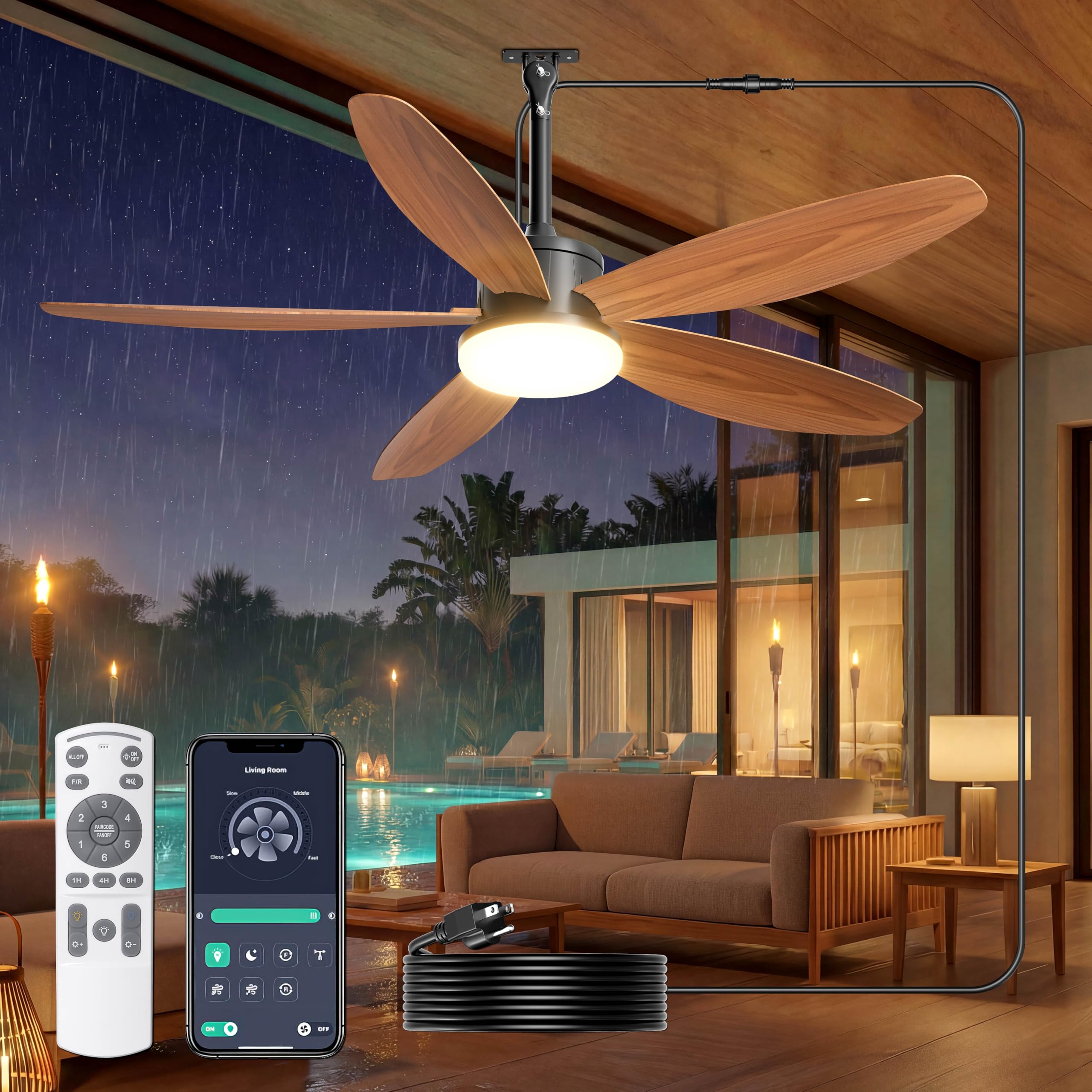 Photo 1 of Phylluz Outdoor Ceiling Fan with Lights, 42 Inch Plug in Gazebo Fans with Remote APP Control, Quiet DC Motor, Dimmable 3CCT, Waterproof Hanging Fans for Patios, Porch, Wood Color