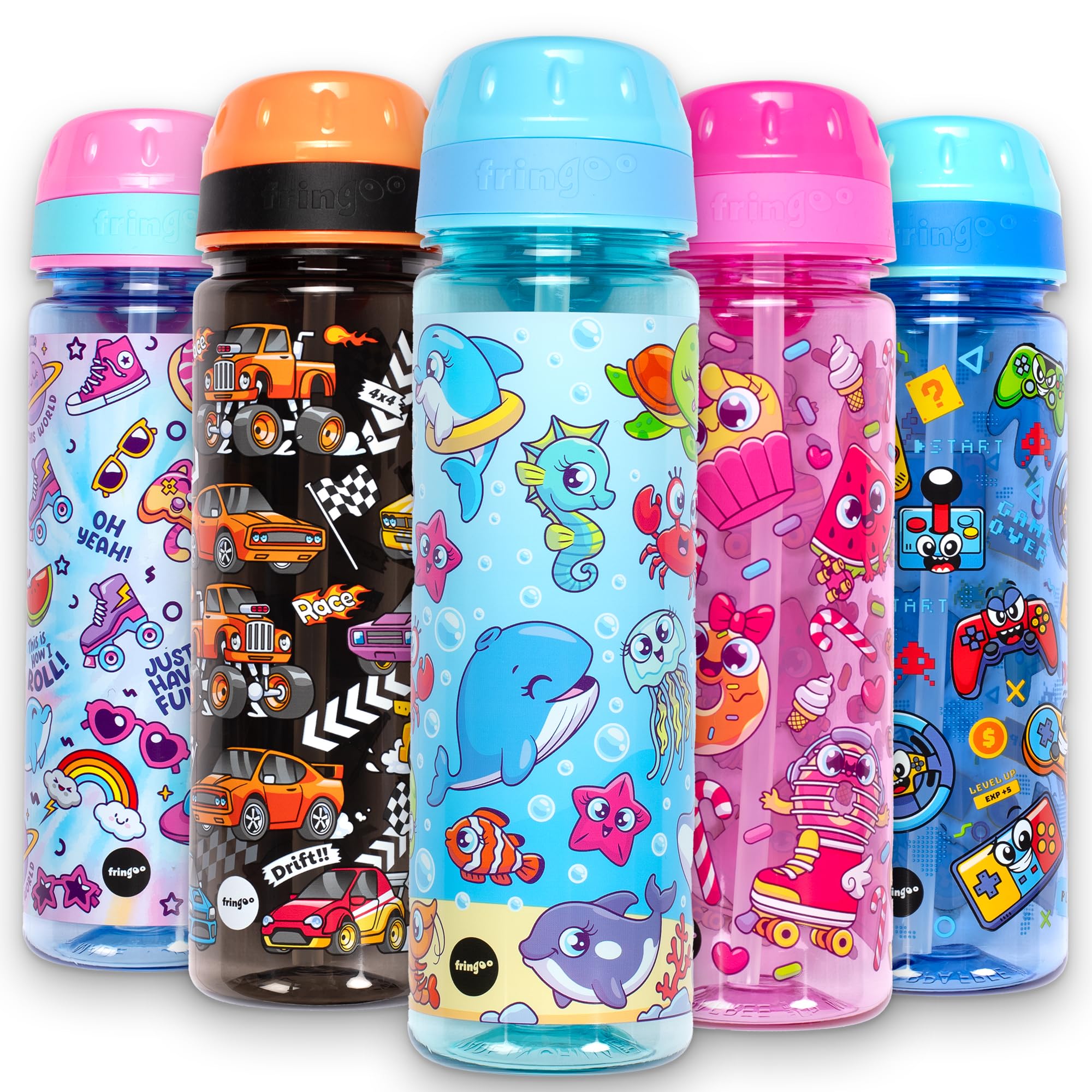 Fringoo Kids School Water Bottle - 650ml Straw Bottle with Carry Handle, Very Durable & 100% Leakproof, BPA-Free (Sea World)