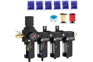 ATINY 3/8'' NPT 4 Stage Air Drying System,5μ Brass Filter&0.01μ Coalescing Filter,Double Desiccant Dryers & Air Regulator,Metal Bowl,Semi-Auto Drain,for Paint Spray＆ Plasma Cutter(Black)