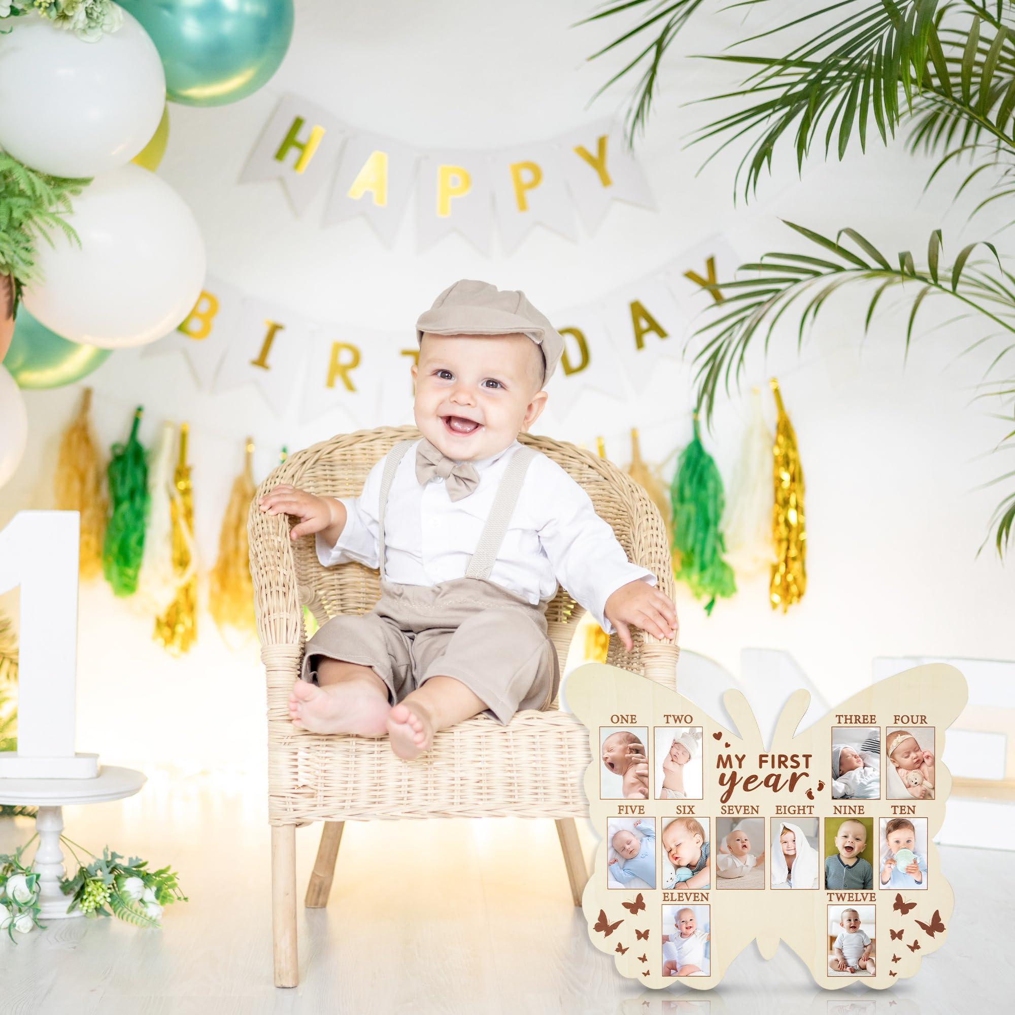 R HORSE My First Year Photo Display Wood Board, Butterfly Shape 1st Birthday Photo Frame, Baby’s First Year Picture Frame, 12 Months Milestone Board Baby Keepsake Board Nursery Decor Gift for Boy Girl