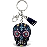Aqua79 Sugar Skull Keychain - Black Sparkling Rhinestones Charm with Tassel, Fashionable Stylish Polyester PU Key Ring Bling Jewelry Accessory with Clasp For Key Chain, Bag, Purse & Backpack