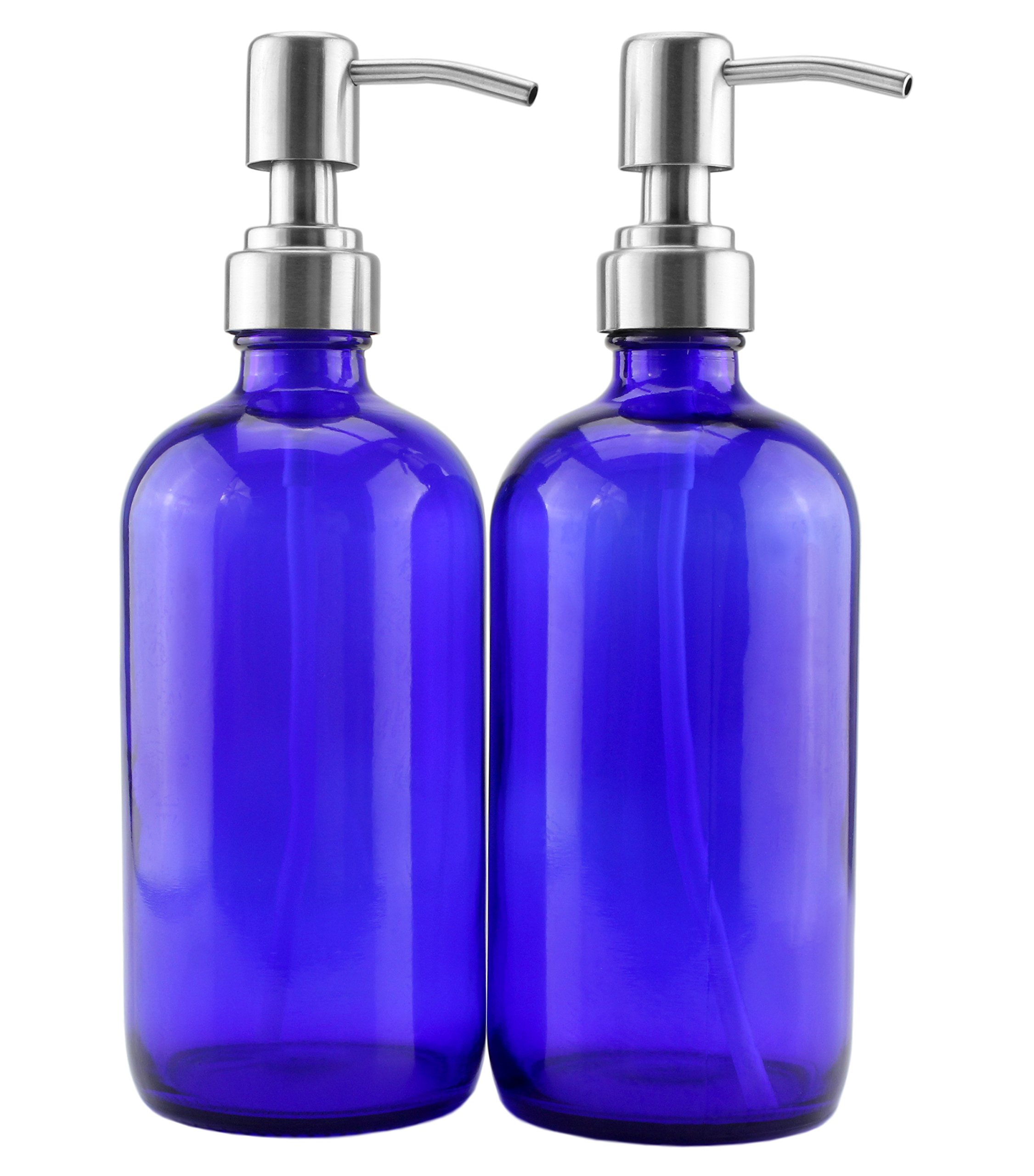 16Ounce Cobalt Blue Glass Bottles w/Stainless Steel Pumps (2Pack