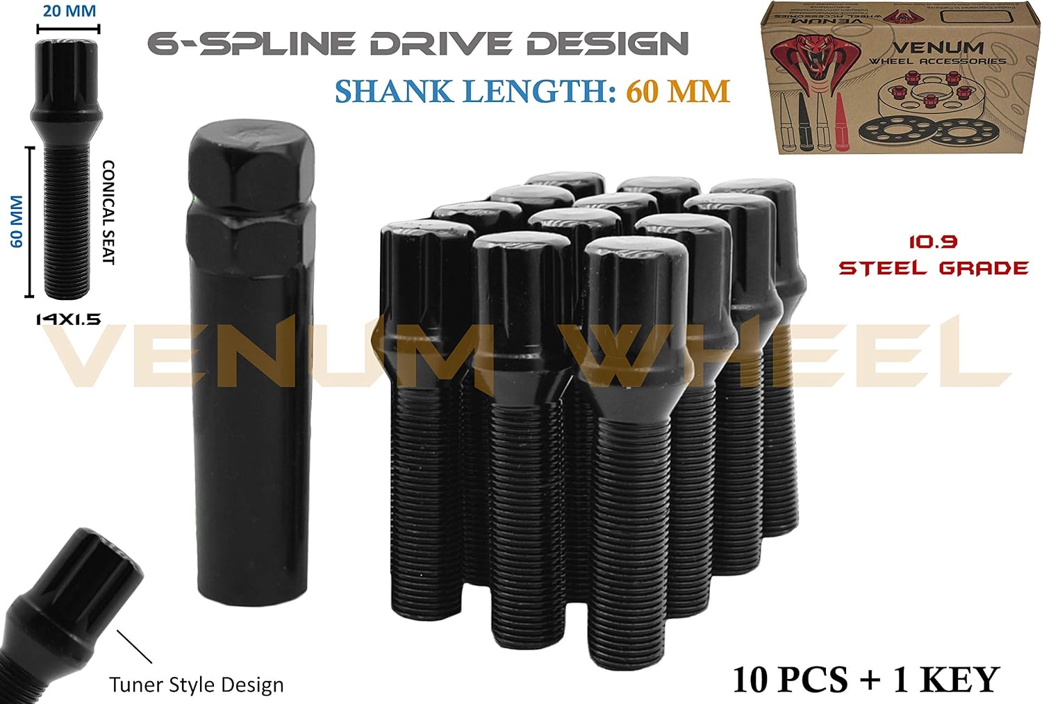 Mercedes Lug Bolts 20 Black Spline Tuner Lug Bolts - M14x1.5, 28mm Shank, 60° Conical Seat For Mercedes Wheels M14x1 5 Lug Bolts