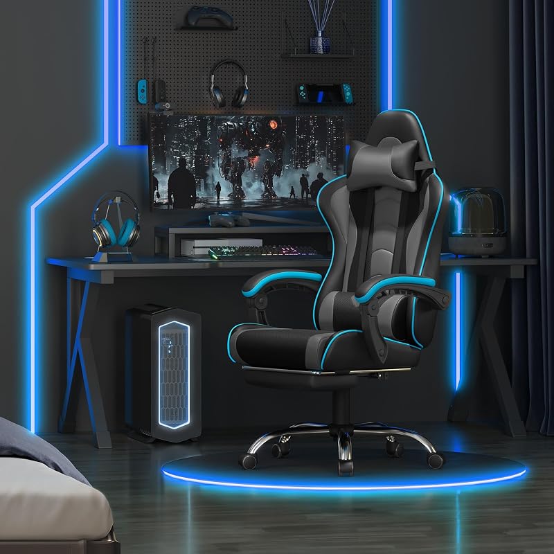Cadeira gaming com massageador cadeira de escritório com apoio para os pés cinzento