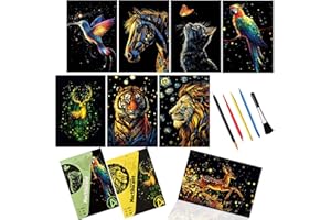 LEIBSTER 8 Sheets Scratch Art Noctilucent Rainbow Scratch Paper Scratch Painting Art Adults Paint by Scratch Kit for Arts and Crafts Gift（ Animal ）