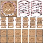 Huquary 12 Set Christian Beaded Bracelets for Women Pink Bible Natural Crystal Stone Elastic Beaded Bracelets with Religious Prayer Card Faith Inspirational Gifts for Mother Grandmother Church Gift