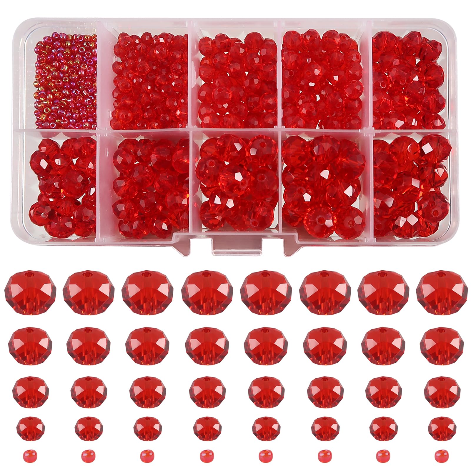 TOAOB 1000pcs Red Crystal Glass Beads 2mm 4mm 6mm 8mm10mm Faceted Spacer Beads for Jewelry Making DIY Craft Project Decorations Bracelet Making Kit