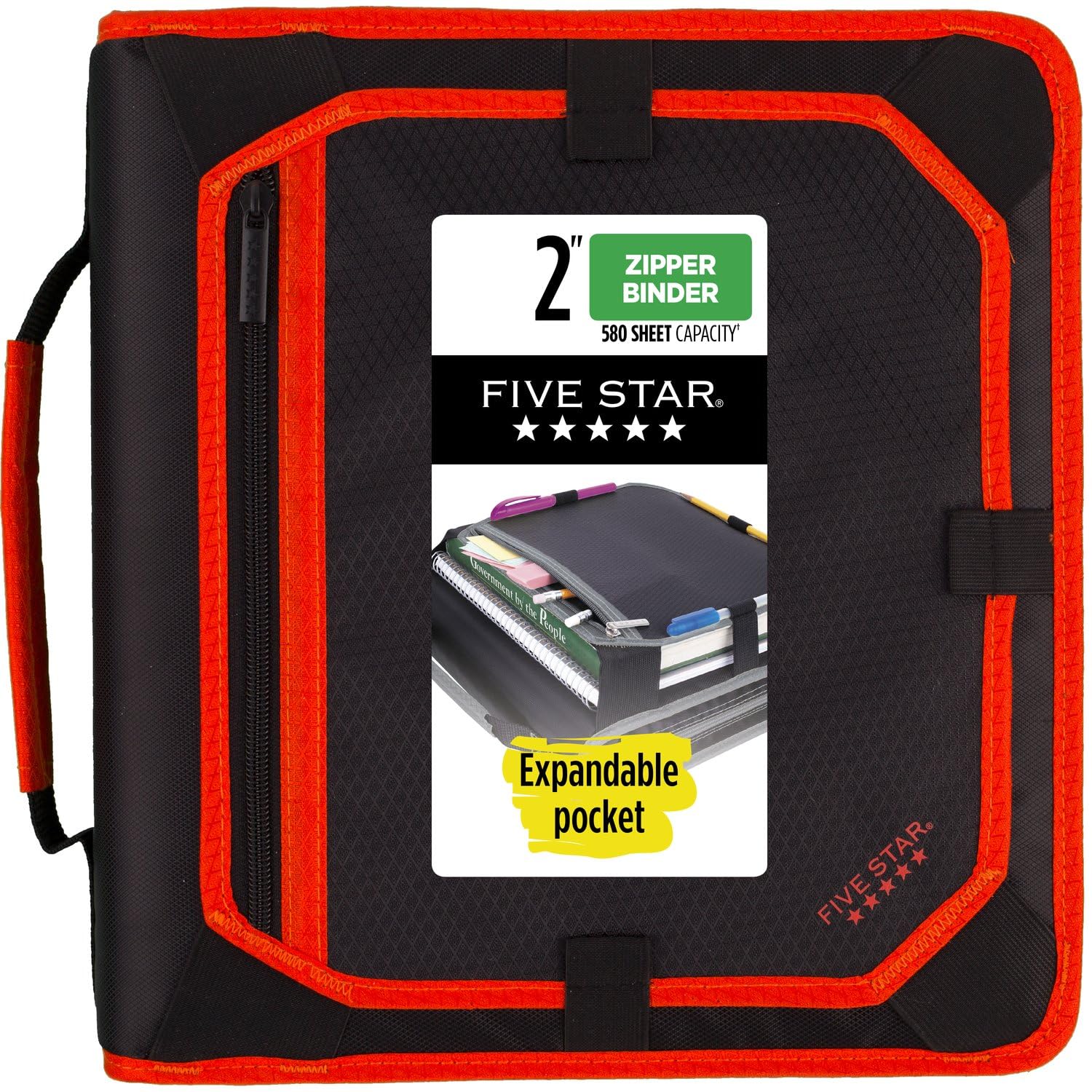 Five Star Zipper Binder, 2 Inch 3-Ring Binder with Expansion Panel and Expanding File, 580 Sheet Capacity, Red/Black (29052CE8)