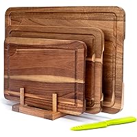 Acacia Wood Cutting Board Set of 3, Includes Free Stand and Paring Knife, Double-Sided Chopping Boards with Juice Groove for 