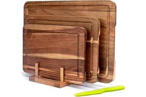Acacia Wood Cutting Board Set of 3, Includes Free Stand and Paring Knife, Double-Sided Chopping Boards with Juice Groove for 