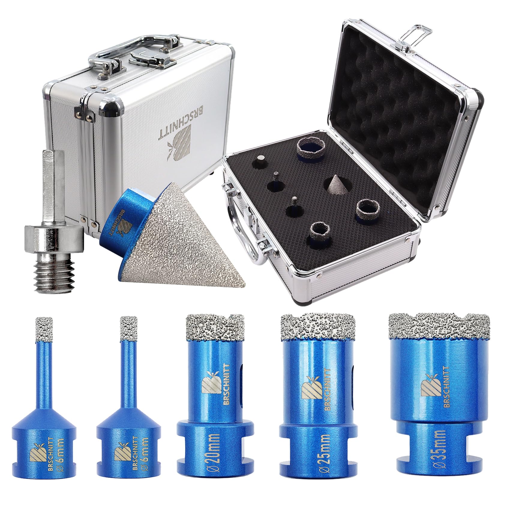 Diamond Core Drill Bit Set for Porcelain Tile Ceramic Marble Granite Drilling,BRSCHNITT 6/6/20/25/35mm Vacuum Brazed Diamond Hole Saw with M14 Thread&35mm diamond chamfer bit&adapter — image 1