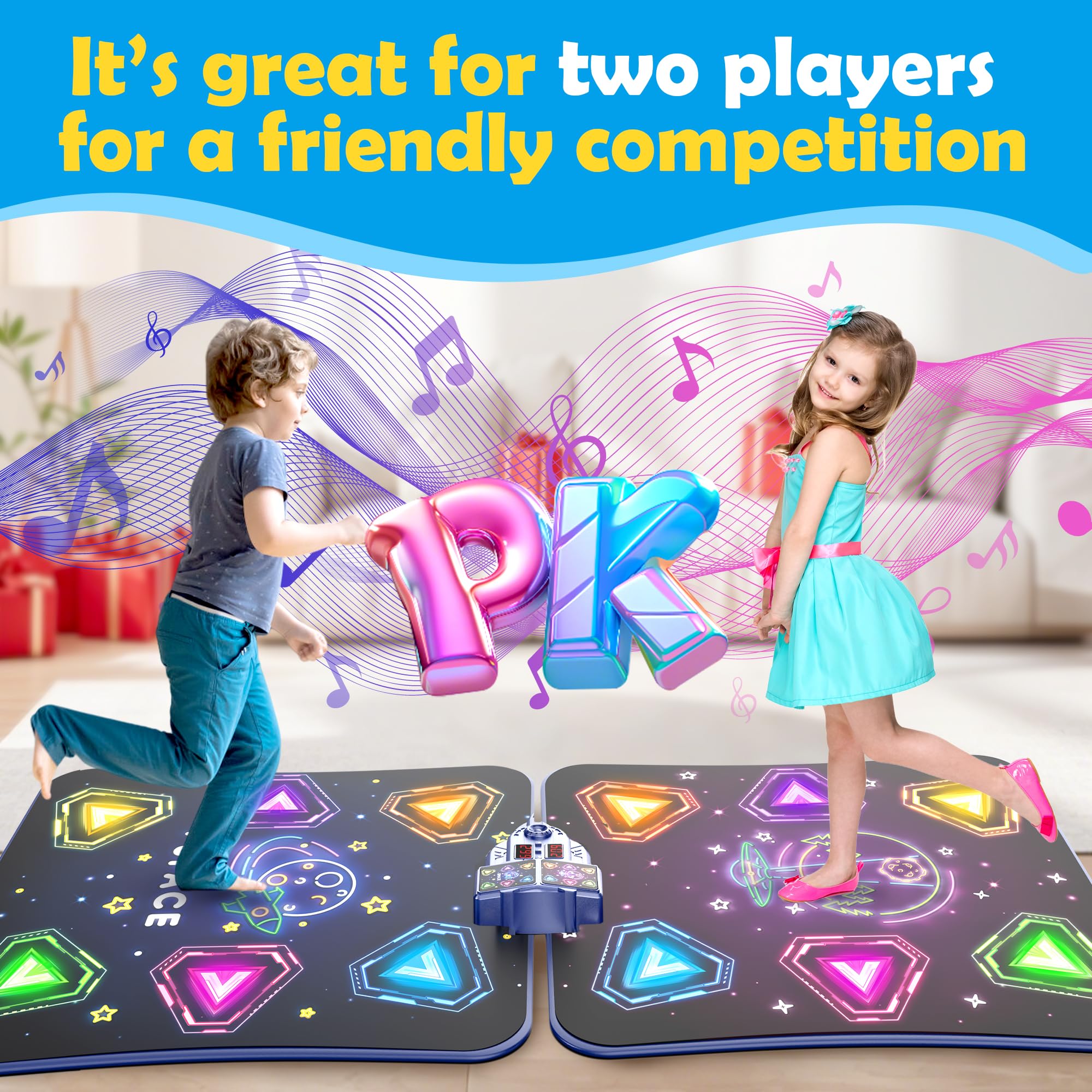 Large Double Electronic Dance Mats, Dance Pad with LED Light & Wireless Bluetooth, Music Dance Toy with 6 Game Modes, Challenge Game for Single & Double Players, Dance Mat Toy for 3-12 Year Old Girls
